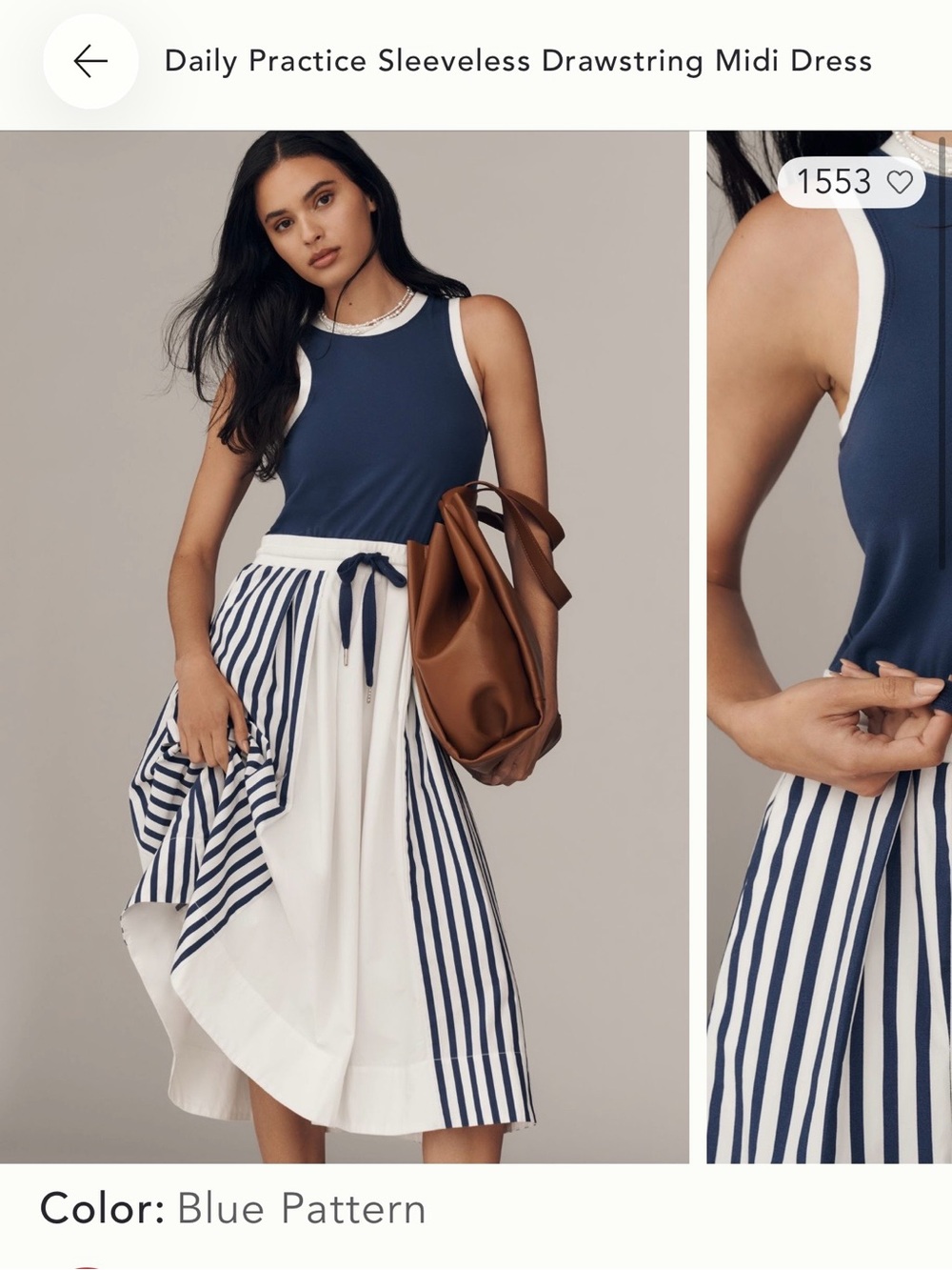 Anthropologie Navy & White Striped Sleeveless Drawstring Midi Dress